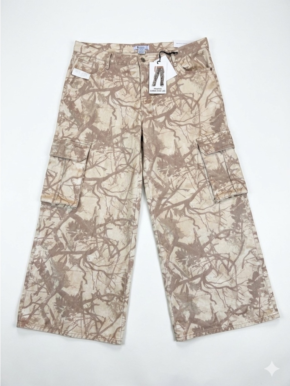 NWT Refrain Camo Wide Leg Cargo Pants Tree Print Luxe Denim Y2K Unisex Sz 17/33